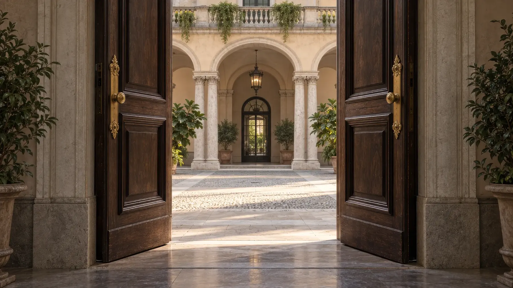 Il portone aperto di un palazzo storico milanese, con il cortile porticato